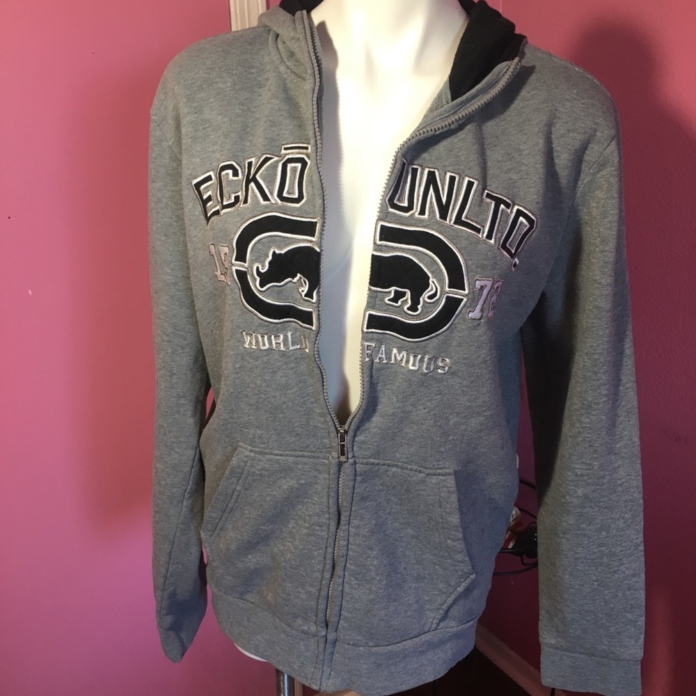 Gray long sleeve Ekco Unlimited Sweater w/ Hoodie